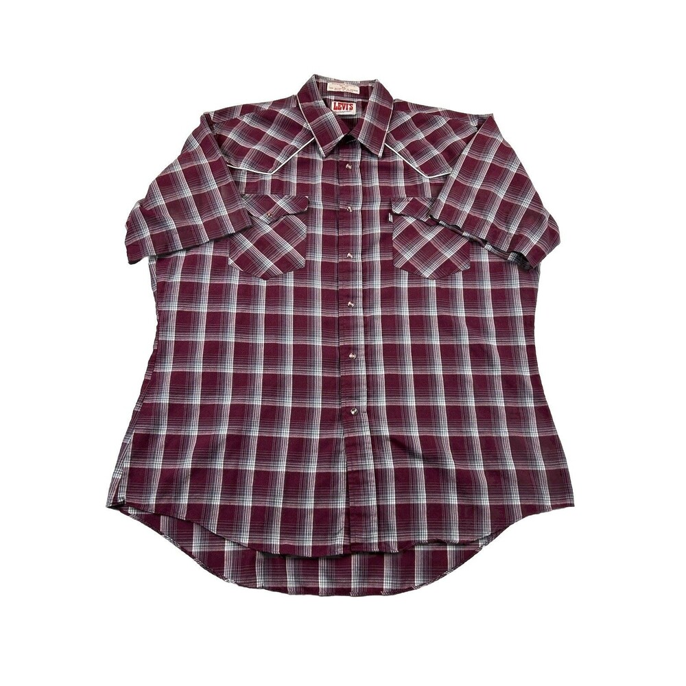 Vintage Levis Pearl Snap Shirt Mens XL Plaid Short Sleeve Cord Seam Pockets